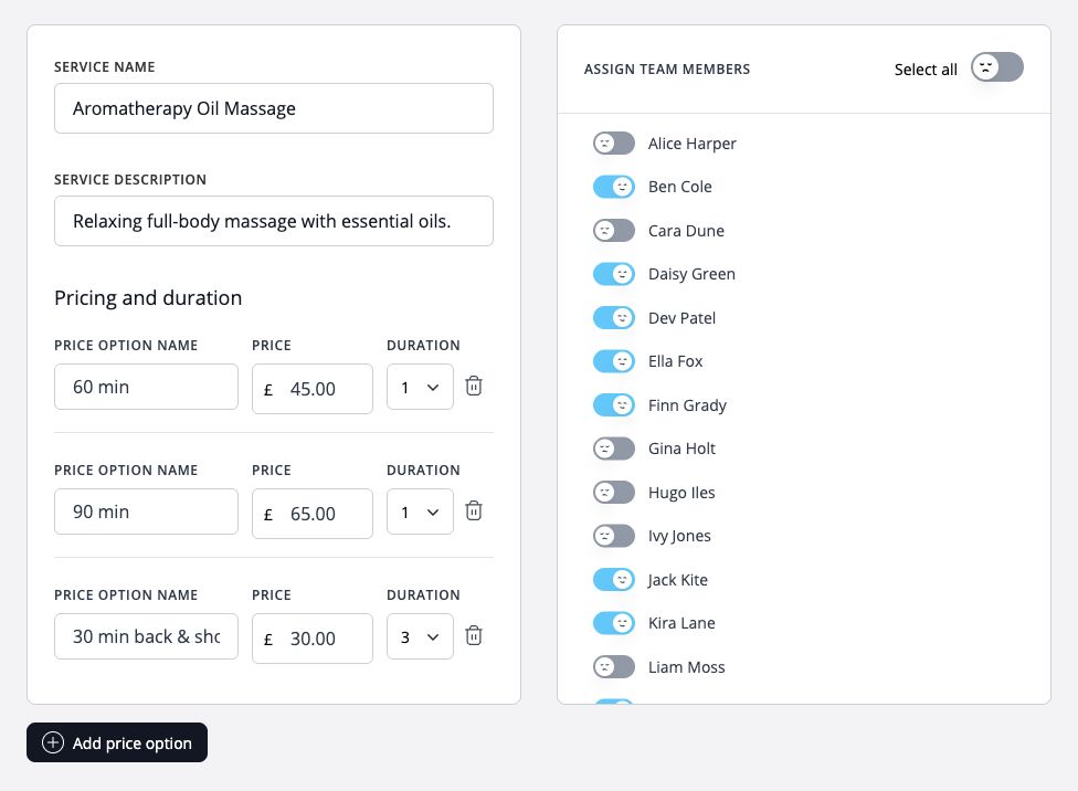 WebbyBooky service settings with pricing options, durations and assigned team members