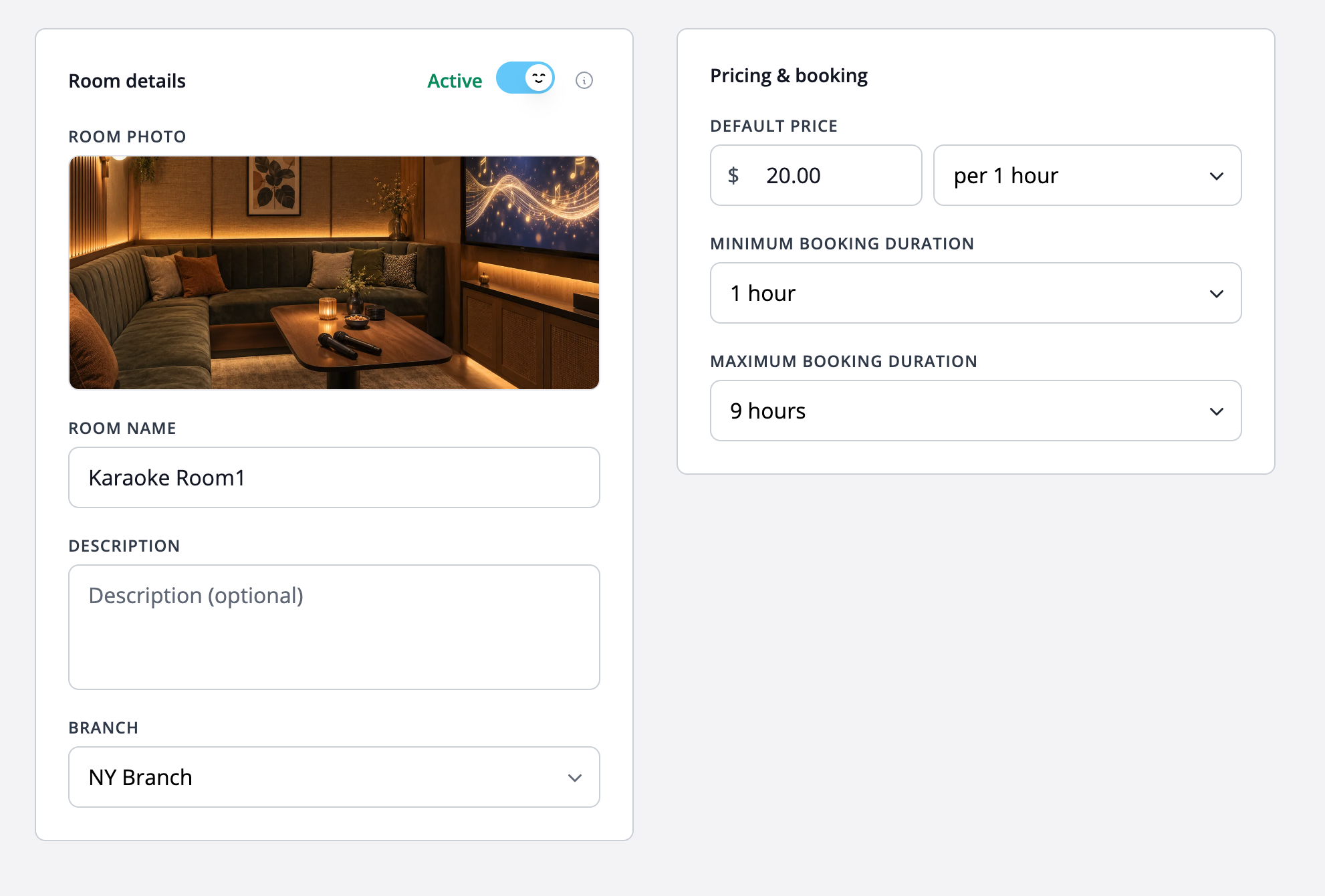 Karaoke room settings showing the room photo, branch, $20 hourly rate and booking durations from one to nine hours.