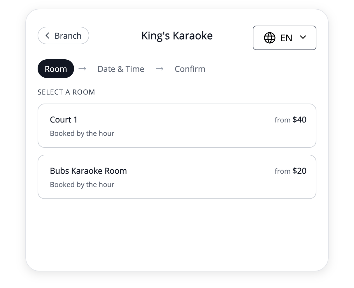King’s Karaoke room selection page in the WebbyBooky booking portal