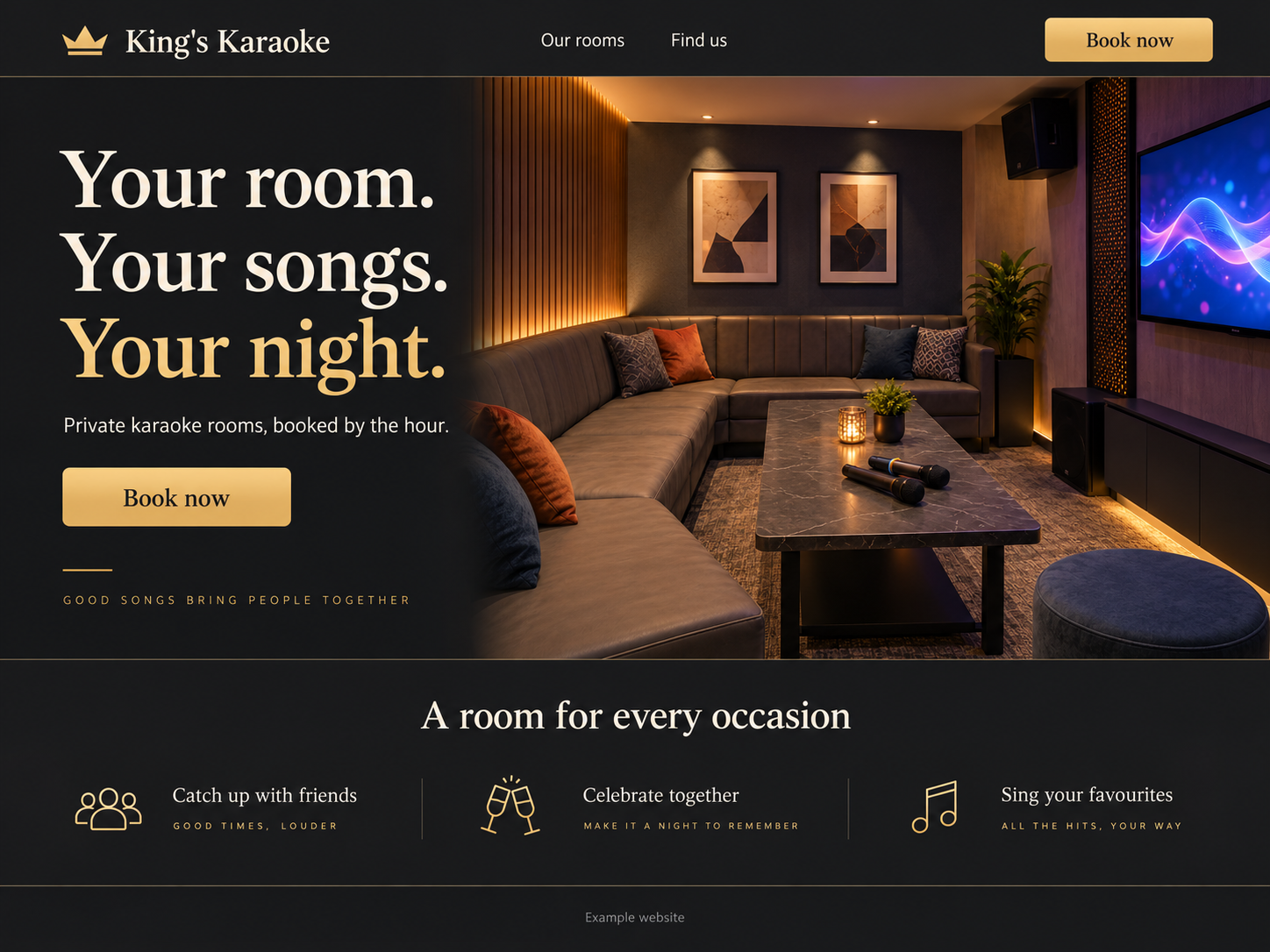 Fictional King’s Karaoke website with a prominent Book now button